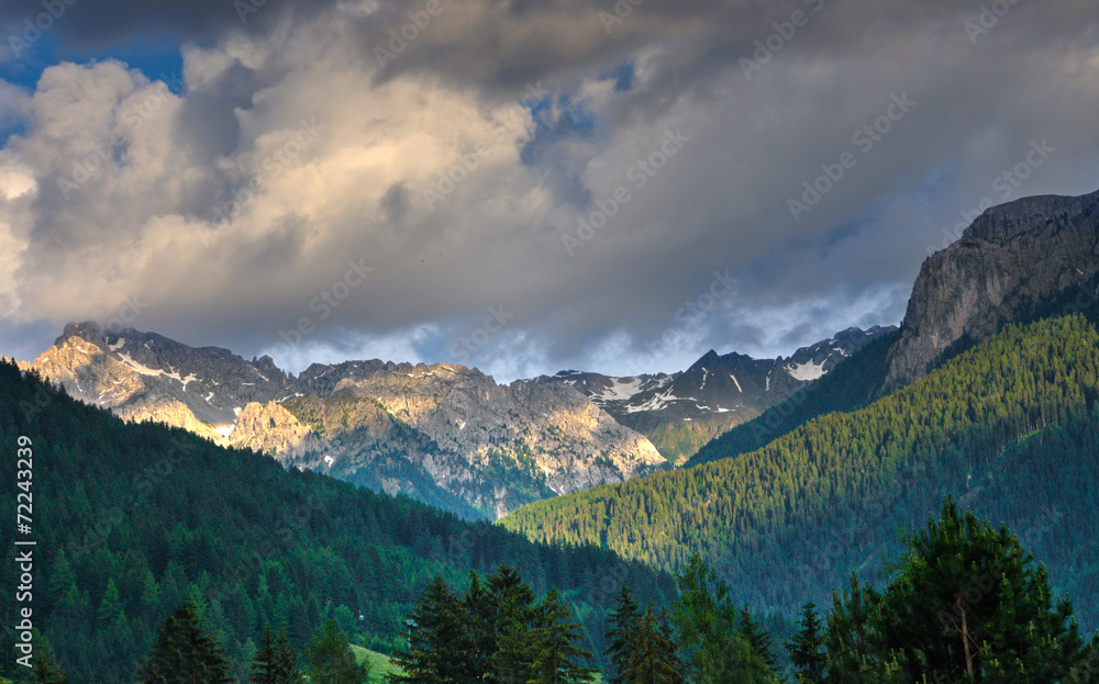 Monzoni mountain range at sunset, Dolomites