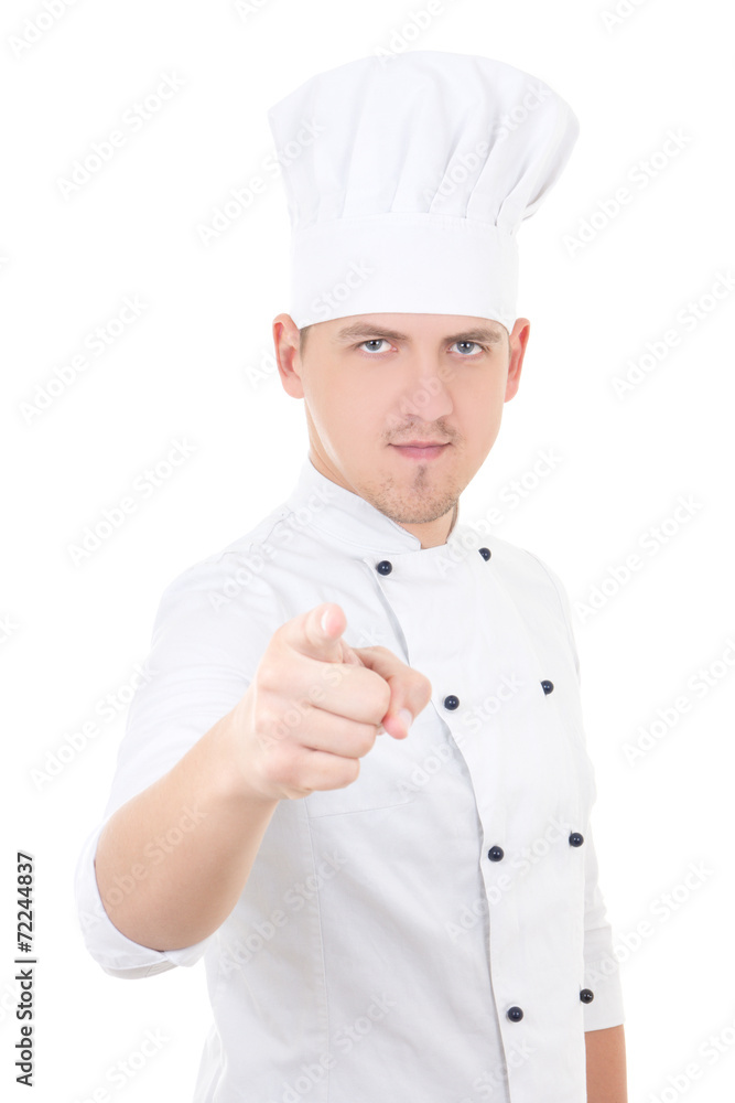 young handsome man chef pointing at you isolated over white young handsome man chef pointing at you isolated over white