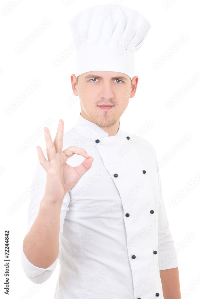 young handsome man chef showing ok sign isolated over white young handsome man chef showing ok sign isolated over white