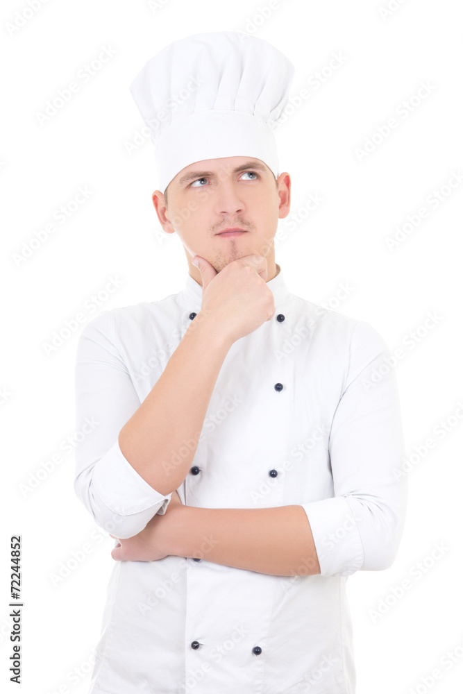 young handsome man chef dreaming isolated over white young handsome man chef dreaming isolated over white