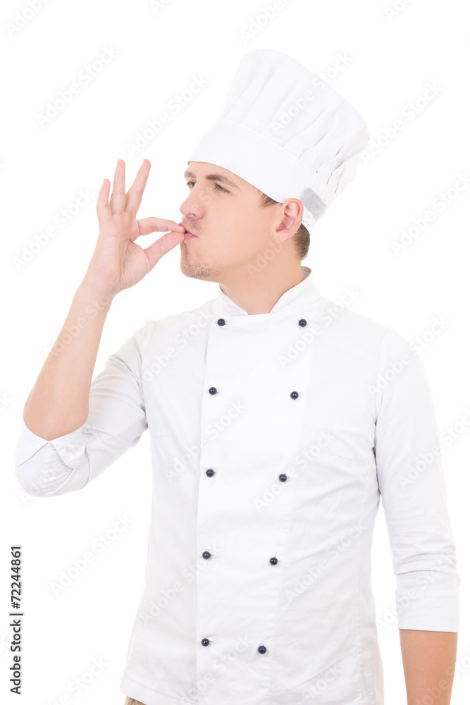 happy young man chef showing tasty ok sign isolated over white happy young man chef showing tasty ok sign isolated over white