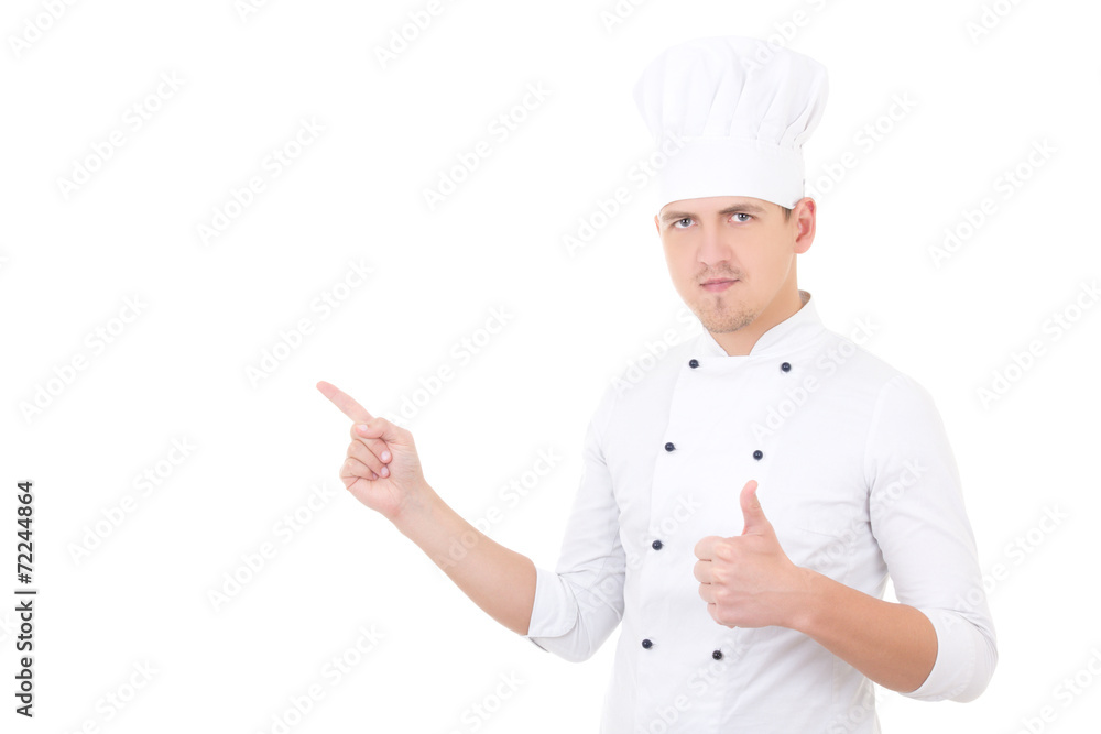 young handsome man chef thumbs up and showing or presenting some young handsome man chef thumbs up and showing or presenting some