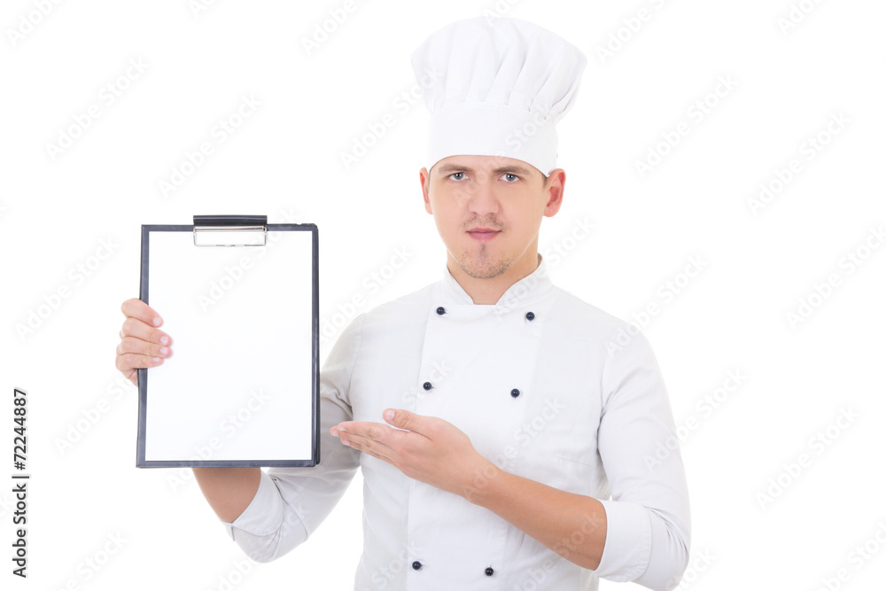 young handsome man in chef uniform showing clipboard with copy s young handsome man in chef uniform showing clipboard with copy s