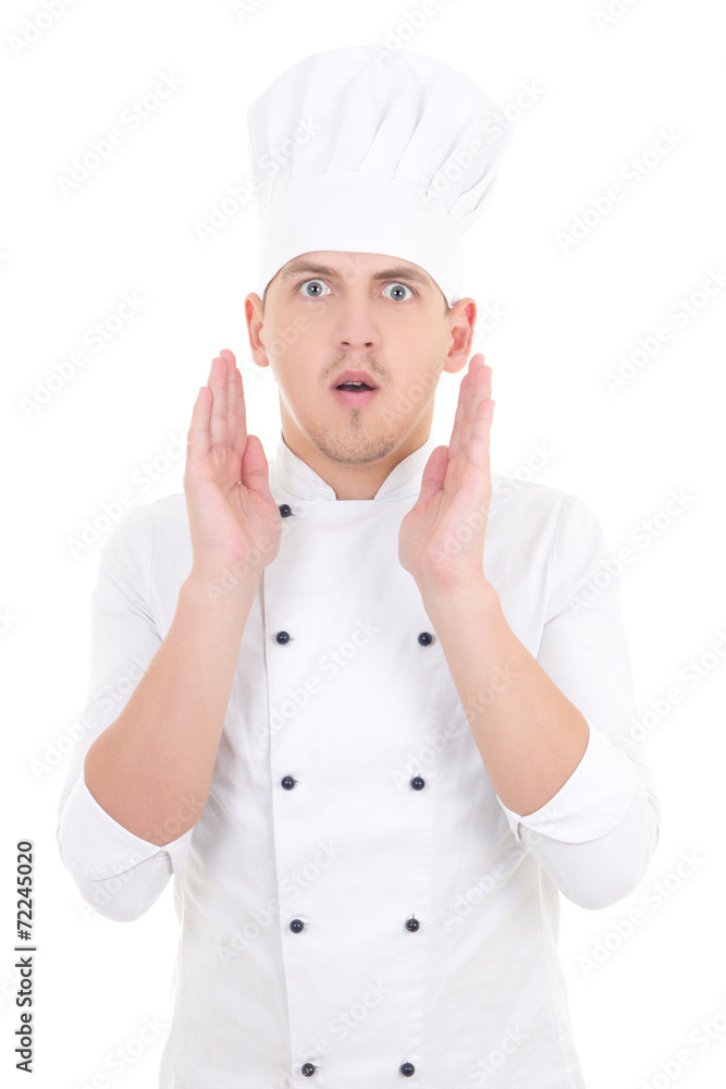 portrait of shocked man in chef uniform isolated on white portrait of shocked man in chef uniform isolated on white