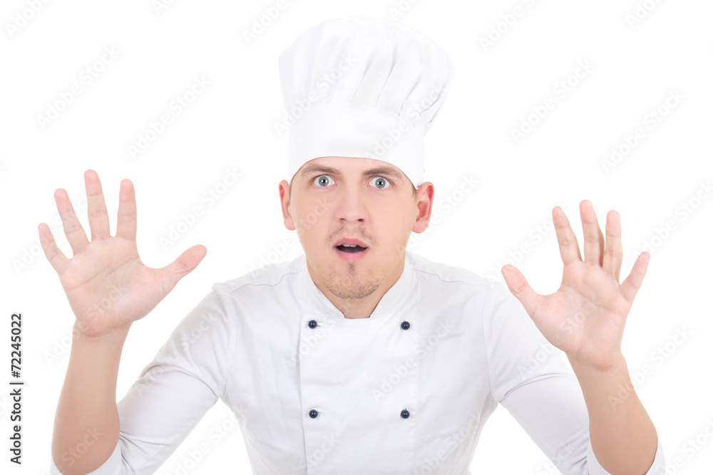 funny shocked man in chef uniform isolated on white funny shocked man in chef uniform isolated on white