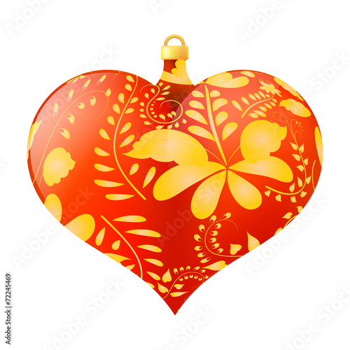 Christmas toy in the shape of a red heart with golden floral orn