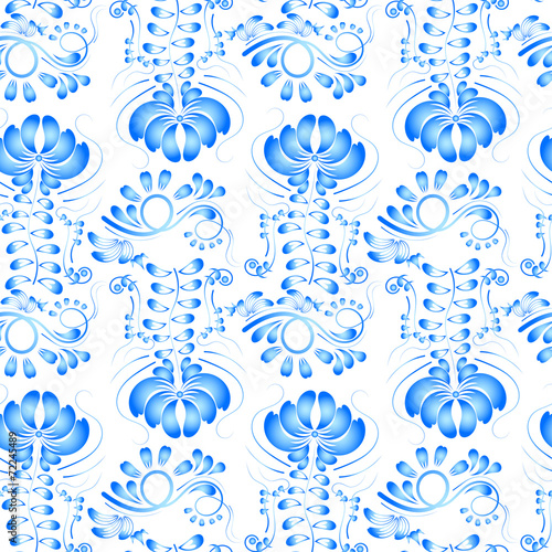 Ornament of blue flowers on a white background Gzhel. Seamless.