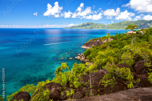 Seascape view with turquoise water, Mahe island, Seychelles photo