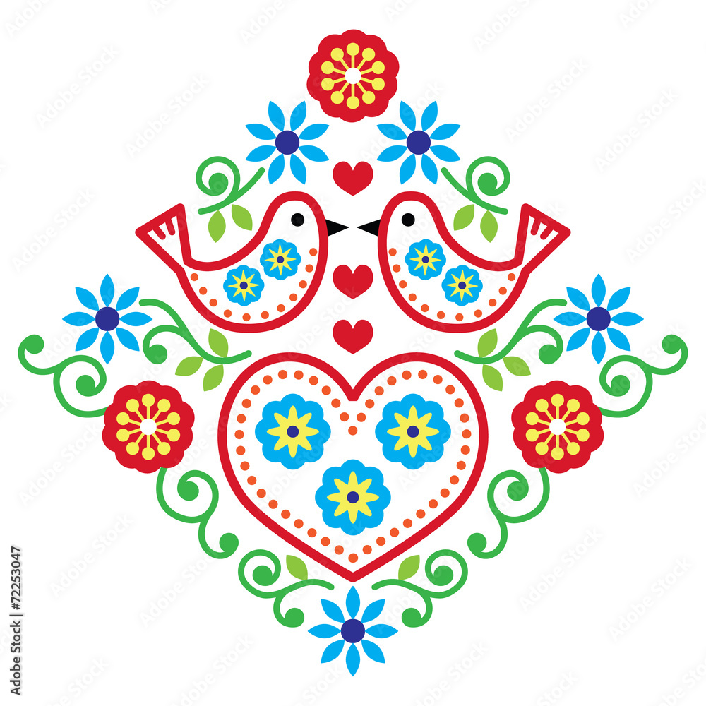 Folk art floral vector pattern with bird and flowers