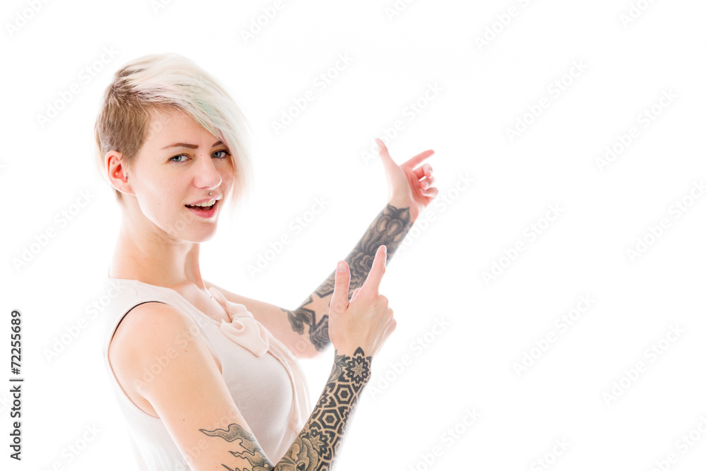 model isolated on plain background looking at camera pointing model isolated on plain background looking at camera pointing