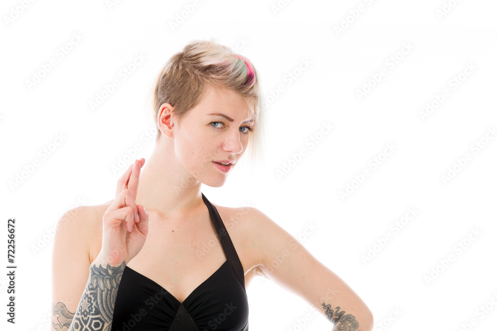 model isolated with fingers crossed for luck model isolated with fingers crossed for luck