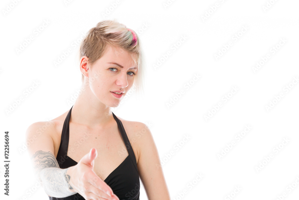 model isolated on plain background greetings hand shake model isolated on plain background greetings hand shake