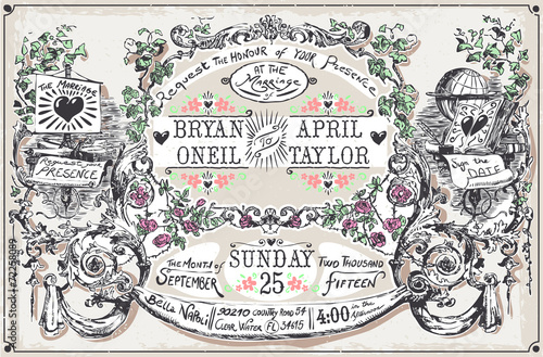 Marriage announcement vector certificate greeting Vintage Wedding Hand Drawn Banners and Labels