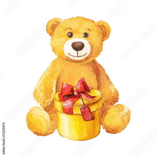 teddy bear sits with a yellow gift. Watercolor.