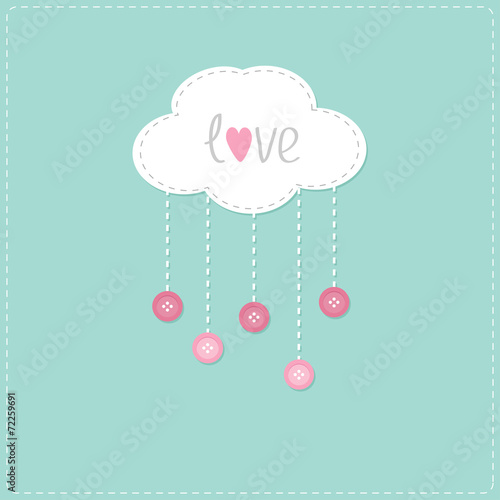 Cloud with hanging rain button drops and word Love. Love card.