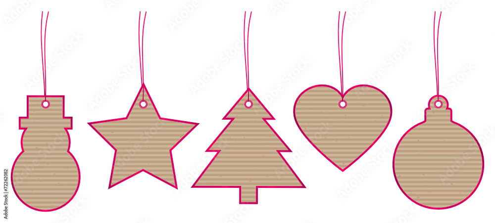 Set 5 Christmas Hangtags Brown Paper Pink