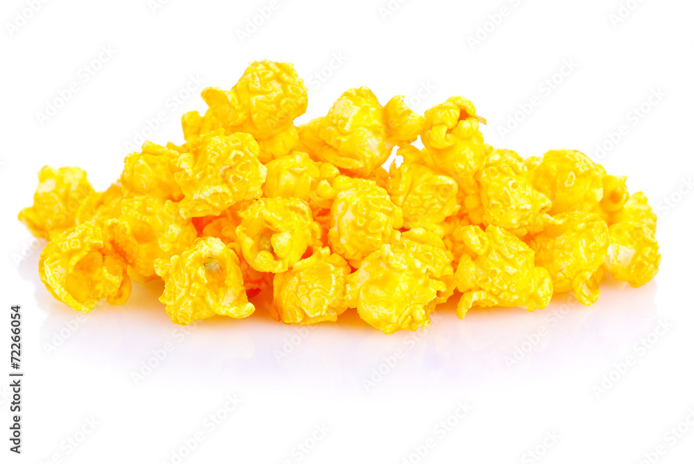 Cheese flavored popcorn on the white background Cheese flavored popcorn on the white background