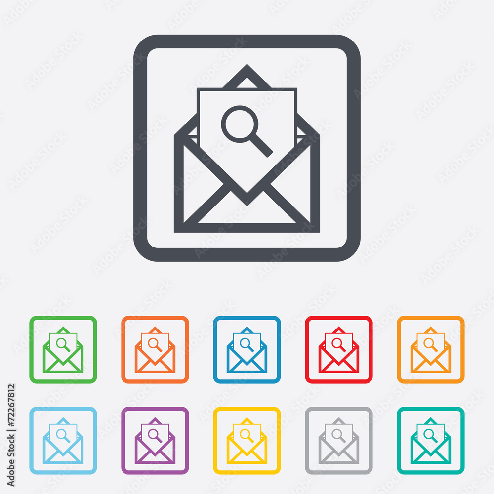 Mail search icon. Envelope symbol. Message sign. Mail search icon. Envelope symbol. Message sign.