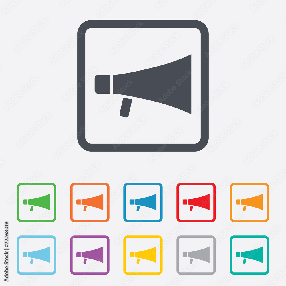 Megaphone soon icon. Loudspeaker symbol. Megaphone soon icon. Loudspeaker symbol.