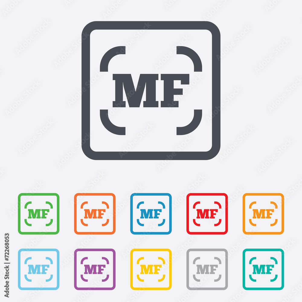 Manual focus photo camera sign icon. MF Settings Manual focus photo camera sign icon. MF Settings