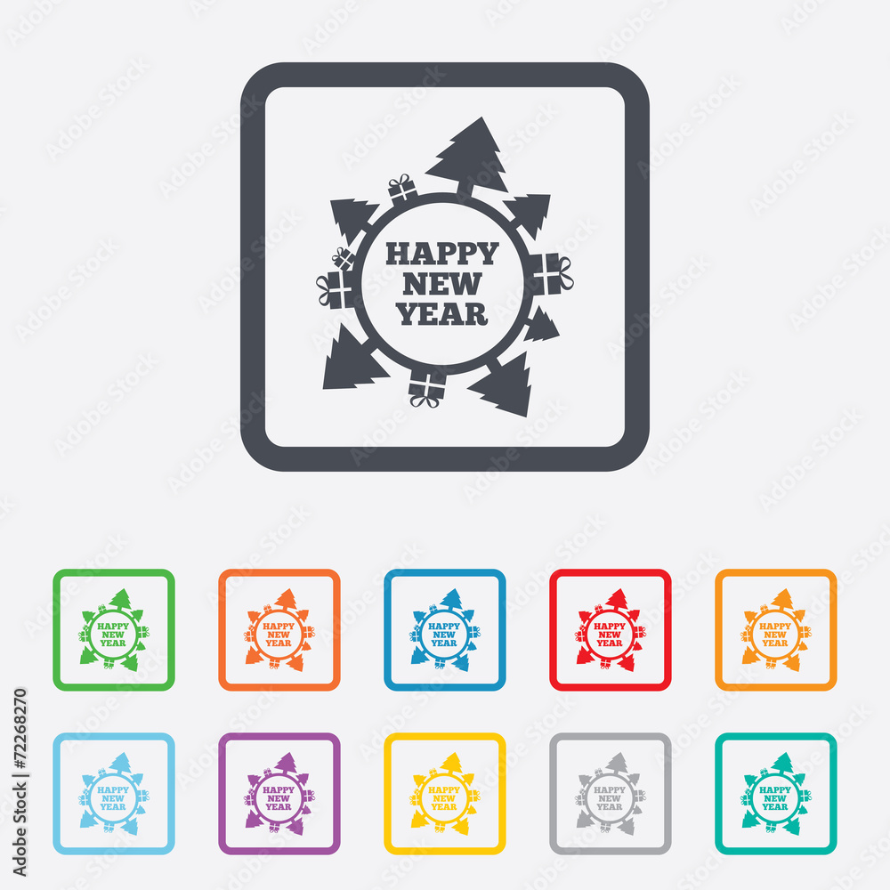 Obraz premium Happy new year globe sign icon. Gifts and trees.