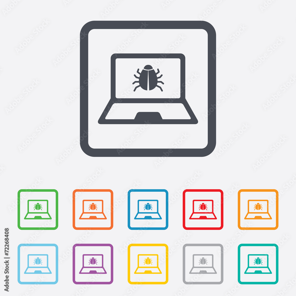 Laptop virus sign icon. Notebook software bug. Laptop virus sign icon. Notebook software bug.