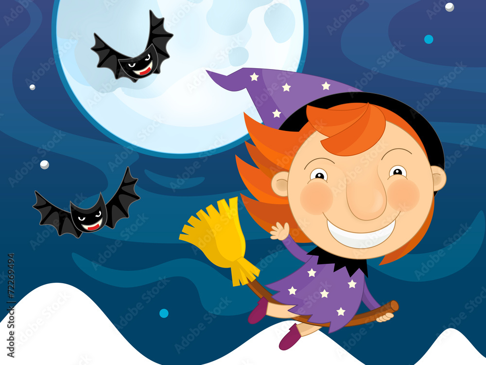 Naklejka premium Cartoon happy halloween scene - with witch or sorceress flying - like party - illustration for children