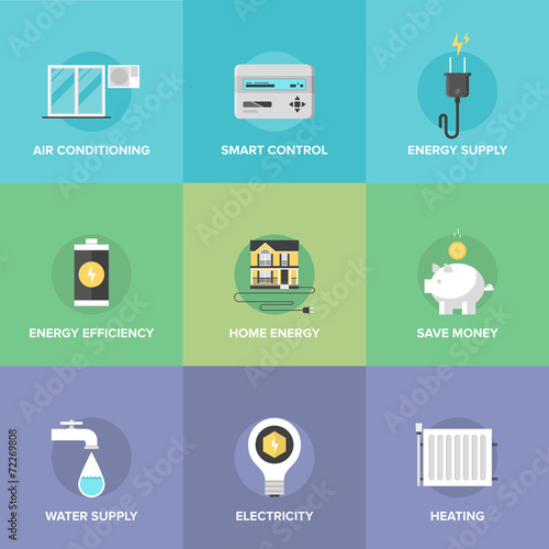 Home energy control flat icons set