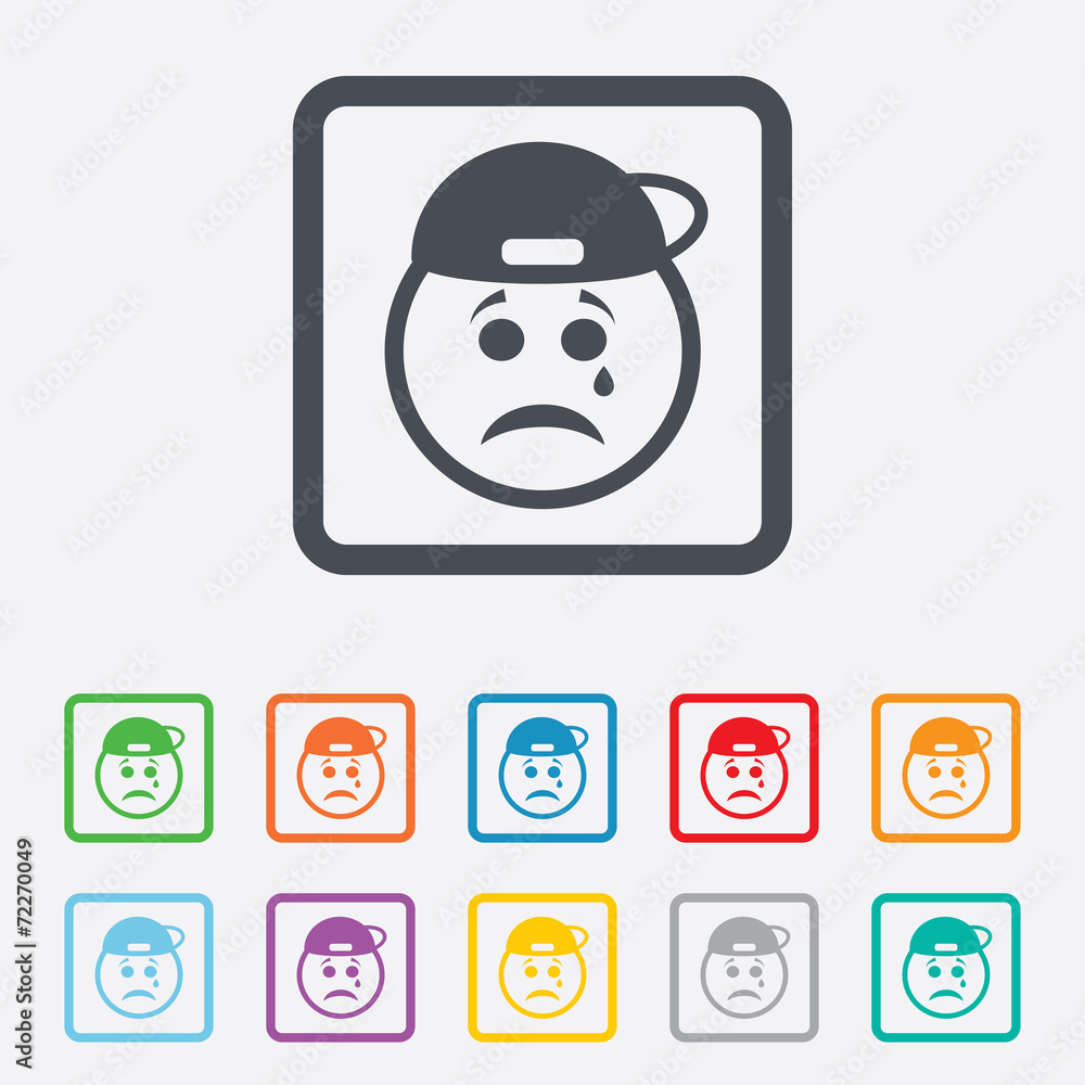 Sad rapper face with tear icon. Crying symbol. Sad rapper face with tear icon. Crying symbol.