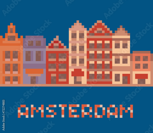 pixel art illustration shows amsterdam holland facades of old