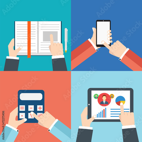 Office hands with: tablet or tablet PC, calculator.