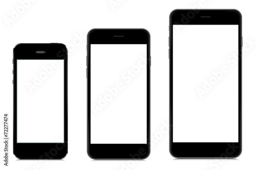 Three sizes of mobile smartphones isolated on white background.