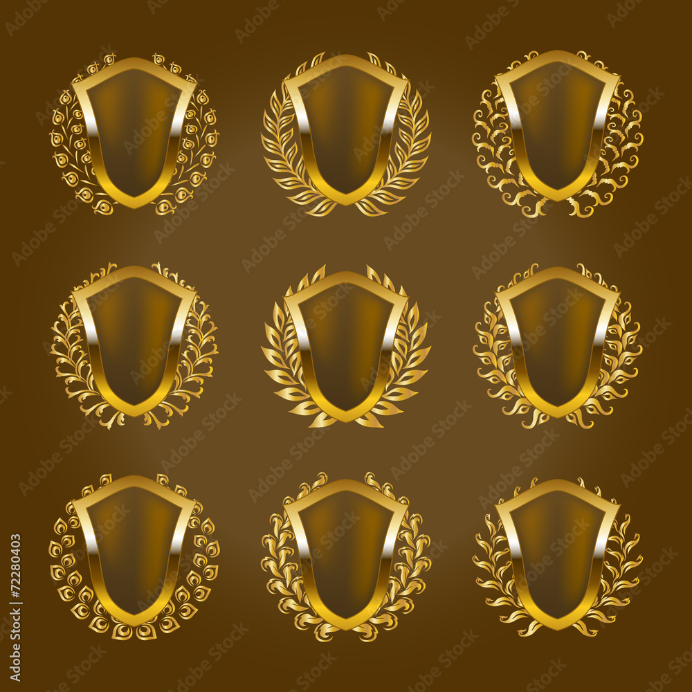 Golden shields with laurel wreath Golden shields with laurel wreath