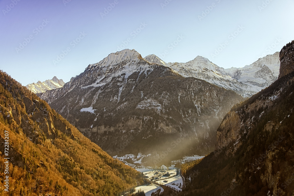 Obraz premium Valley in Jungfrau region helicopter view in winter