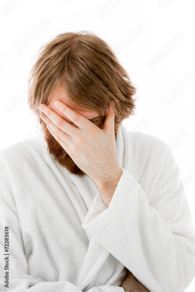 model isolated on plain background ashamed hiding face in hand model isolated on plain background ashamed hiding face in hand
