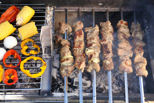 Skewers and vegetableq on barbecue grill, close-up
