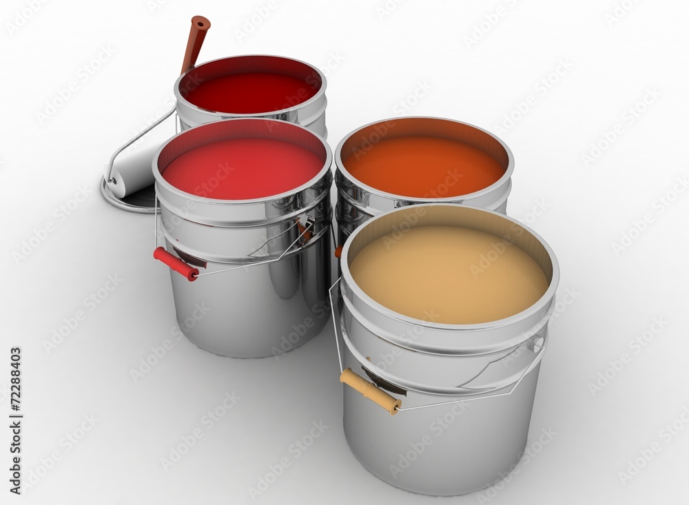 Open buckets with a paint and roller Open buckets with a paint and roller