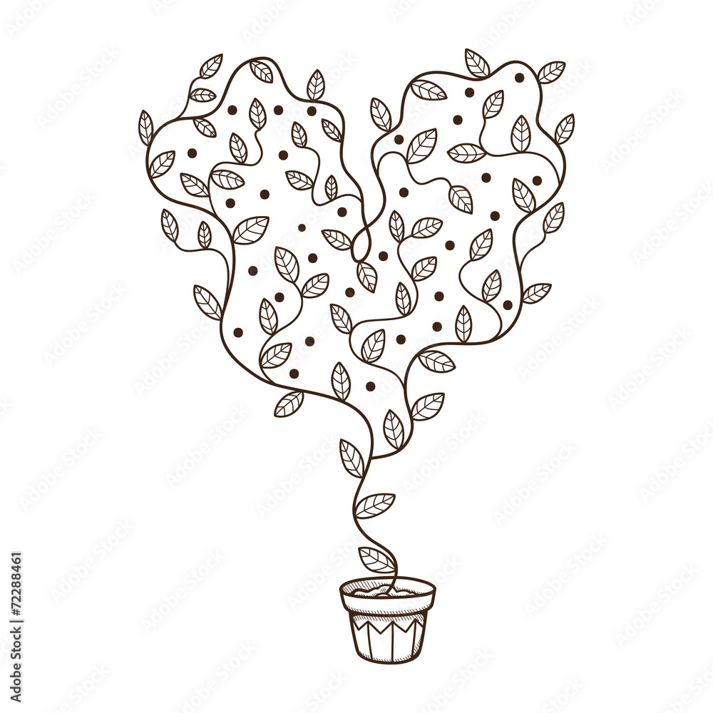Heart with leaves and flowers growing in a pot. Heart with leaves and flowers growing in a pot.