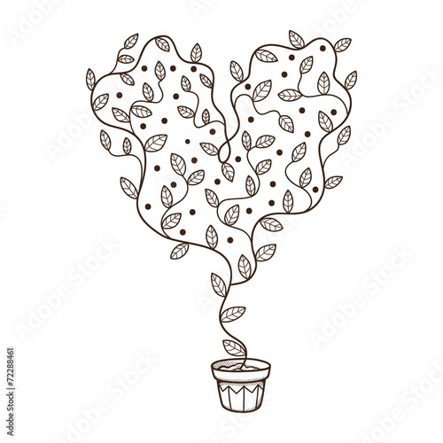 Heart with leaves and flowers growing in a pot.