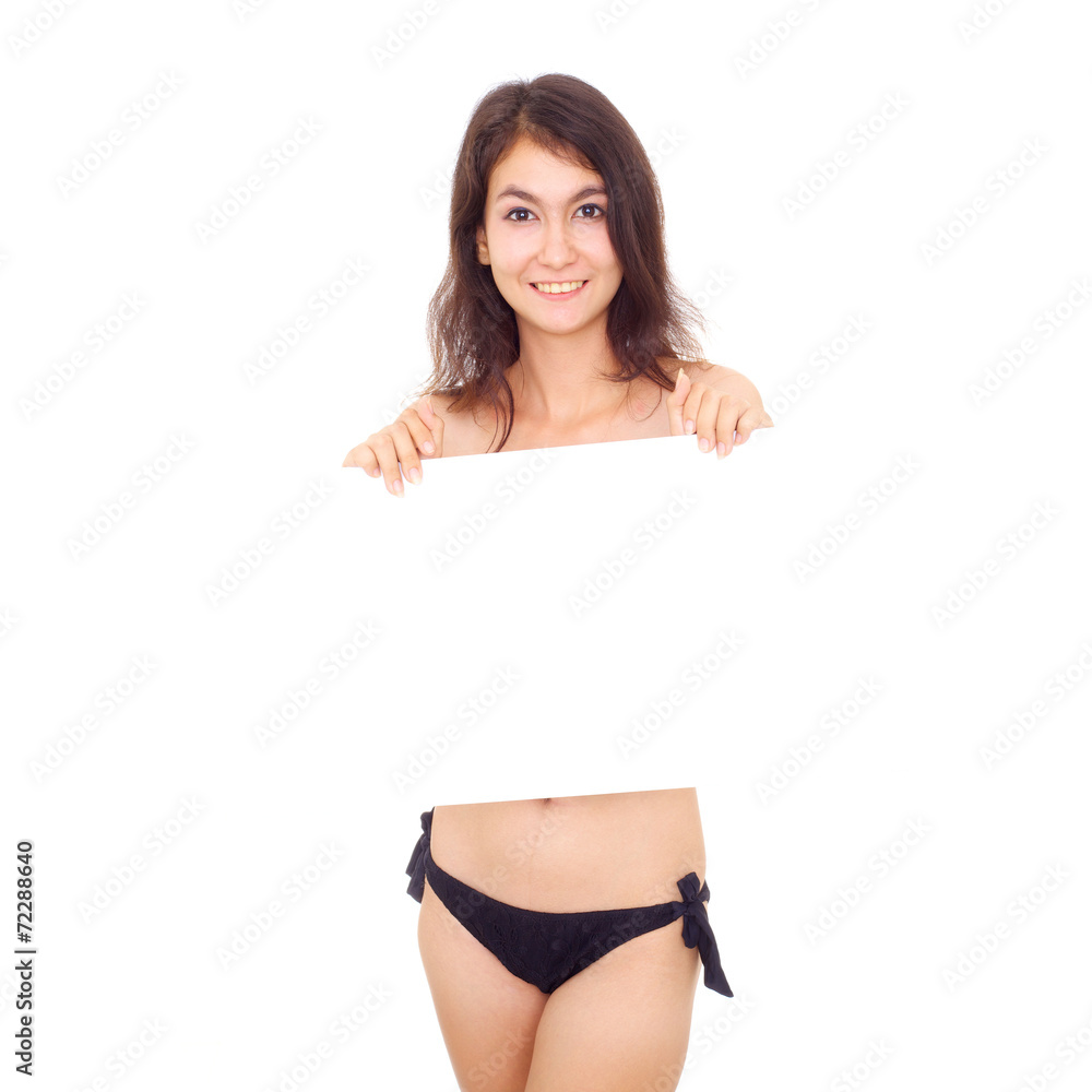beautiful woman in bikini with blank advertising board