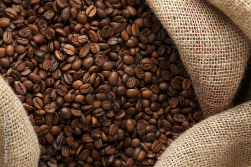 coffee beans on a jute background