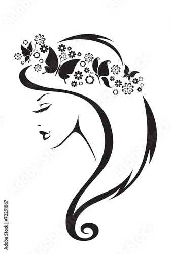 Black and white illustration of elegant woman.