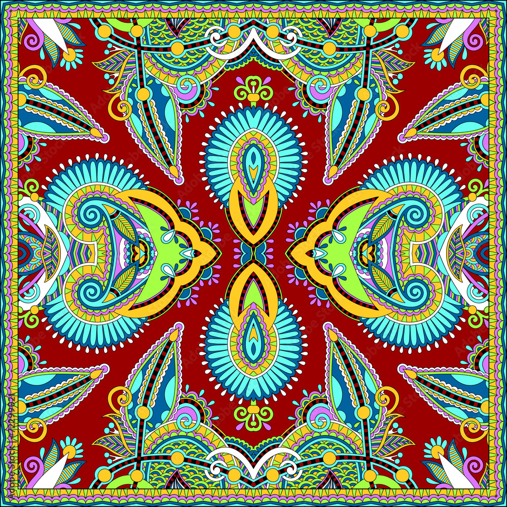 Traditional ornamental floral paisley bandanna. Square ornament Traditional ornamental floral paisley bandanna. Square ornament