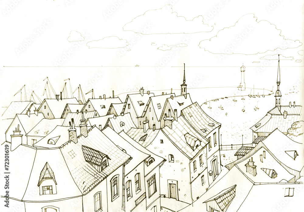 Drawing a small town near the sea
