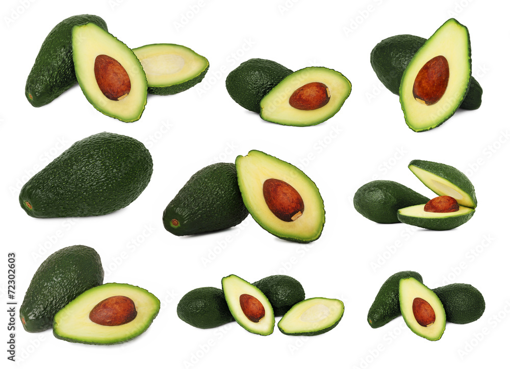 Set whole and sliced avocados (isolated) Set whole and sliced avocados (isolated)