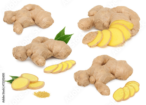 Set whole and sliced ginger with green leaves (isolated)