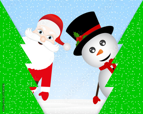 Snowman and Santa Claus in a Christmas forest