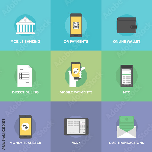 Mobile payments flat icons set