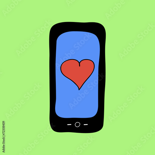 Doodle style phone with red heart