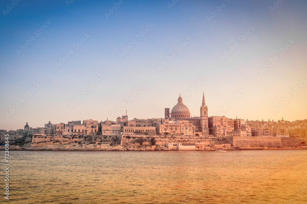 La Valletta at sunset from the sea - Capital of Malta